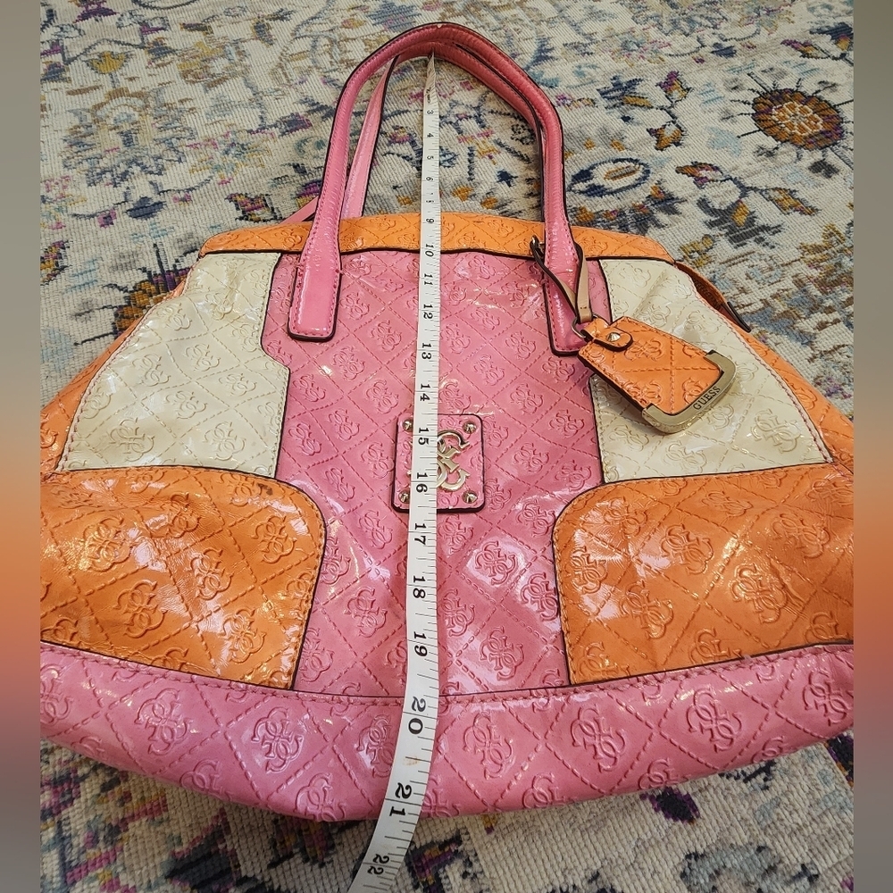 Guess Patchwork Satchel Tote Bag Pink Orange Quilted Logo - Picture 16 of 16